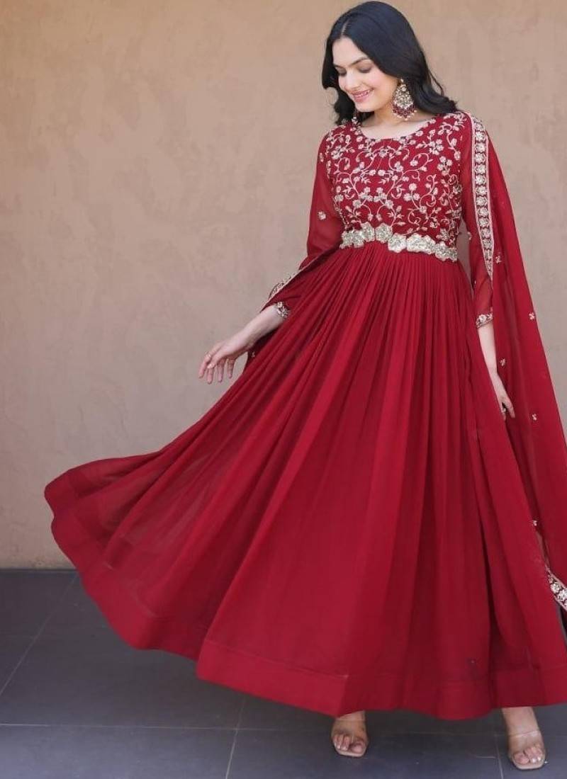 Maroon faux georgette readymade anarkali suit with sequin  & embroidery work
