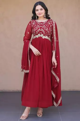 Maroon faux georgette readymade anarkali suit with sequin  & embroidery work