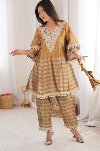 Mustard&grey tissue readymade suit with mirror & embroidery work