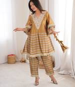 Mustard&grey tissue readymade suit with mirror & embroidery work