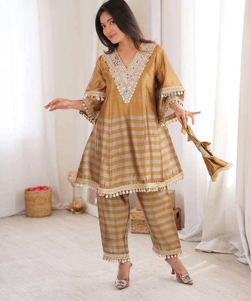 Mustard&grey tissue readymade suit with mirror & embroidery work