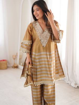 Mustard&grey tissue readymade suit with mirror & embroidery work 2