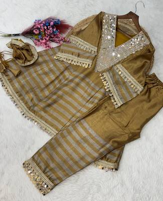 Mustard&grey tissue readymade suit with mirror & embroidery work 3