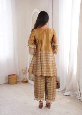 Mustard&grey tissue readymade suit with mirror & embroidery work 4