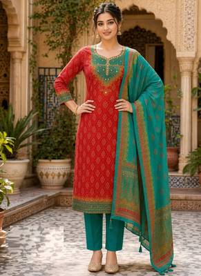 Red tussar silk kurta pant dupatta set 1