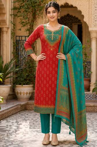 Red tussar silk blend kurta pant dupatta set