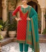 Red tussar silk kurta pant dupatta set