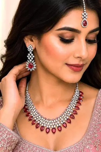 Ruby Red CZ Necklace Set with Earrings, Maang Tikka | Indian Bridal Jewelry