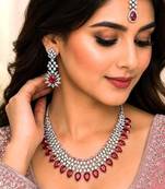 Ruby Red CZ Necklace Set with Earrings, Maang Tikka | Indian Bridal Jewelry