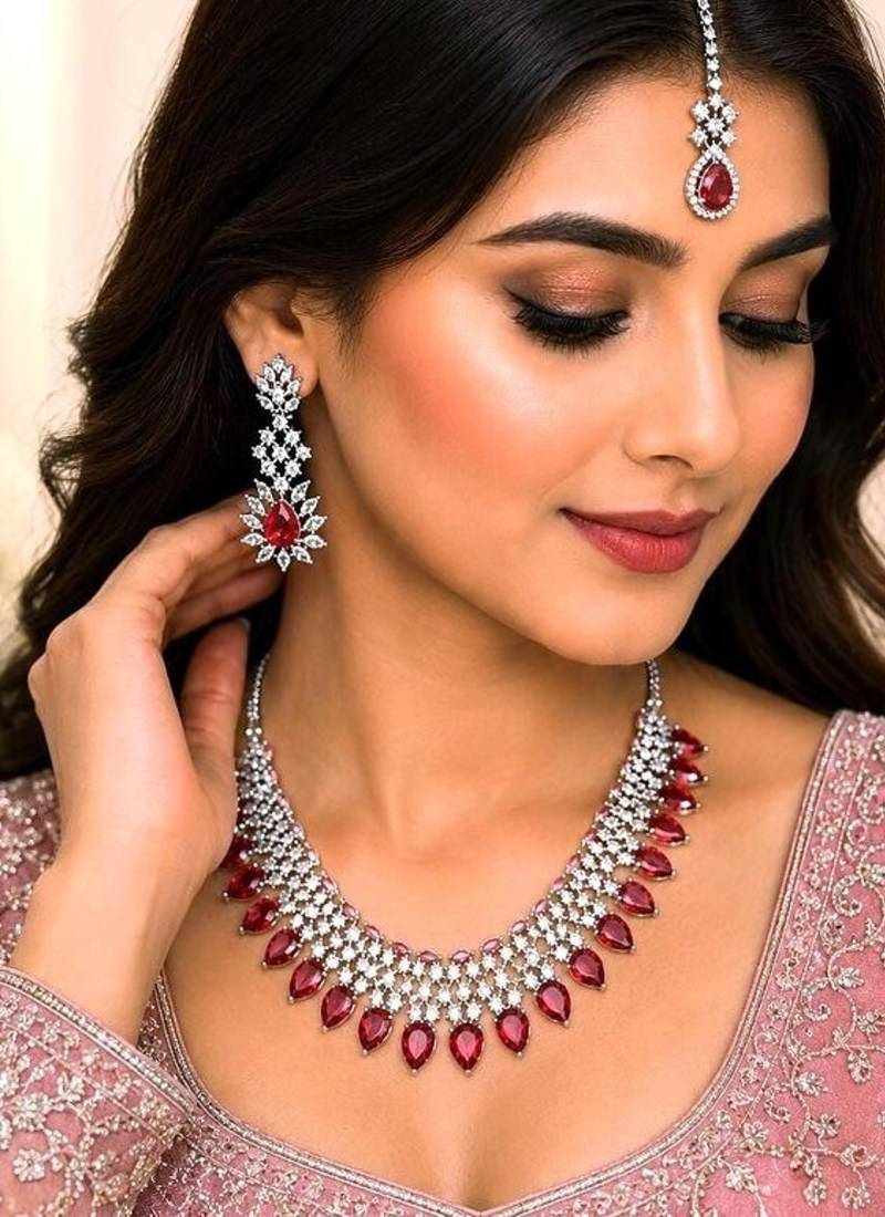 Ruby Red CZ Necklace Set with Earrings, Maang Tikka | Indian Bridal Jewelry