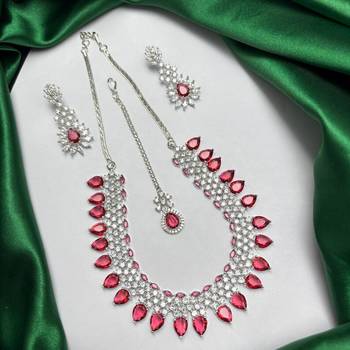 Ruby Red CZ Necklace Set with Earrings, Maang Tikka | Indian Bridal Jewelry 2