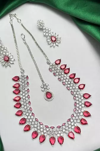 Ruby Red CZ Necklace Set with Earrings, Maang Tikka | Indian Bridal Jewelry