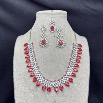 Ruby Red CZ Necklace Set with Earrings, Maang Tikka | Indian Bridal Jewelry 3