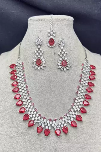 Ruby Red CZ Necklace Set with Earrings, Maang Tikka | Indian Bridal Jewelry