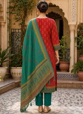 Red tussar silk kurta pant dupatta set 2