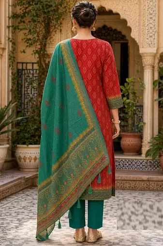 Red tussar silk kurta pant dupatta set