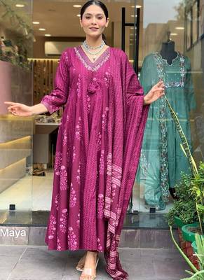 Wine rayon slub kurta pant dupatta set 1