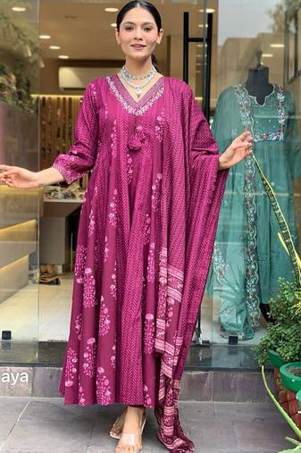 Wine rayon slub kurta pant dupatta set