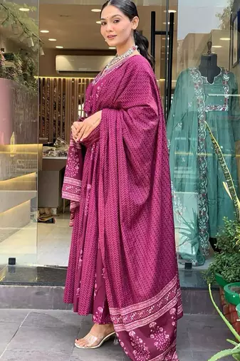 Wine rayon slub kurta pant dupatta set