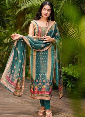 Green tussar silk kurta pant dupatta set 1