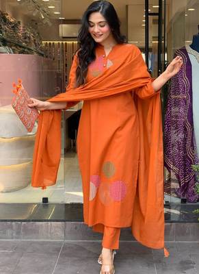 Orange rayon slub cotton kurta pant dupatta set 1
