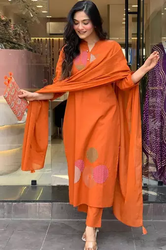 Orange rayon slub cotton kurta pant dupatta set