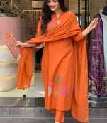 Orange rayon slub cotton kurta pant dupatta set