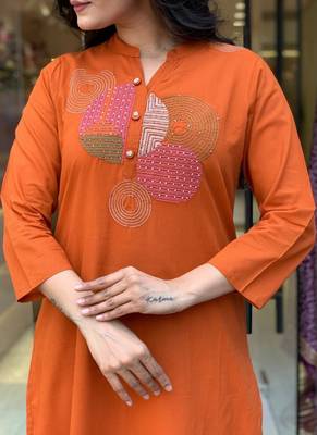 Orange rayon slub cotton kurta pant dupatta set 2