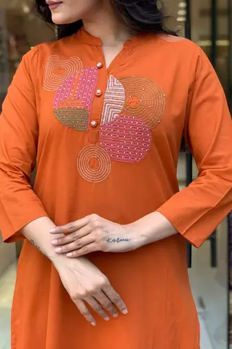 Orange rayon slub cotton kurta pant dupatta set