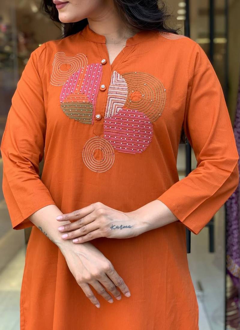 Orange rayon slub cotton kurta pant dupatta set