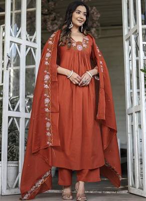 Orange rayon slub kurta pant dupatta set 1