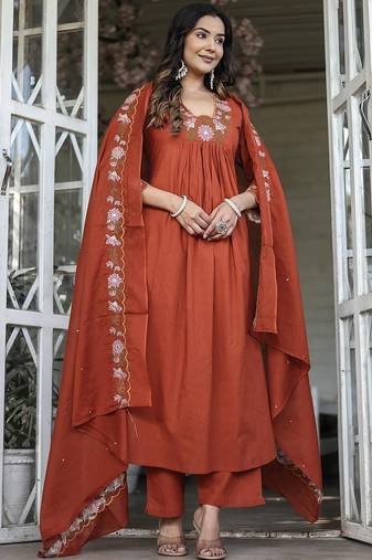 Orange rayon slub kurta pant dupatta set
