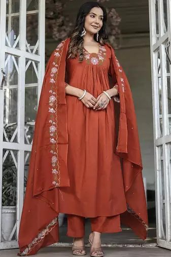 Orange rayon slub kurta pant dupatta set