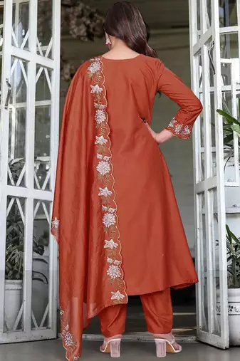 Orange rayon slub kurta pant dupatta set