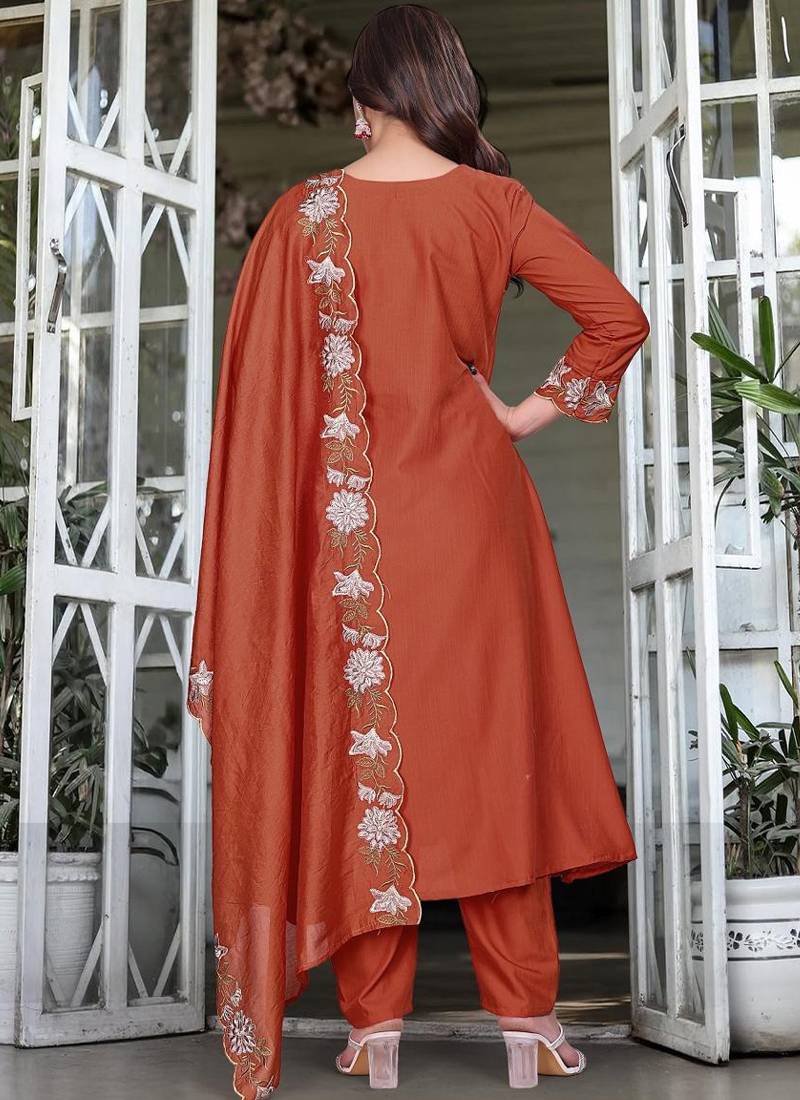 Orange rayon slub kurta pant dupatta set