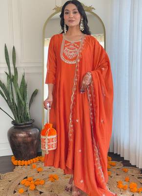 Orange heavy vichitra silk kurta pant dupatta set 1