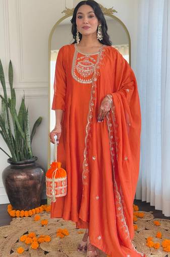 Orange heavy vichitra silk kurta pant dupatta set