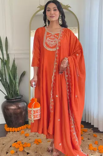 Orange heavy vichitra silk kurta pant dupatta set