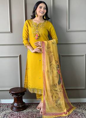 Yellow rayon slub cotton kurta pant dupatta set 1