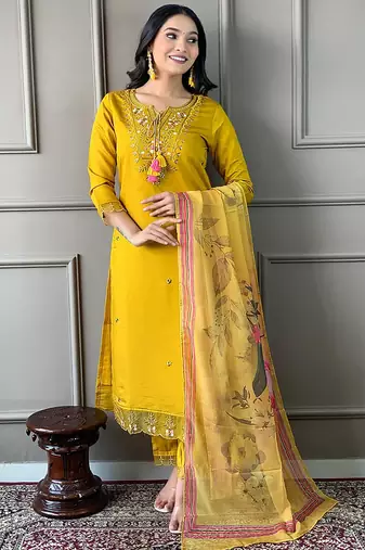 Yellow rayon slub cotton kurta pant dupatta set