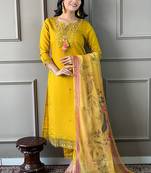 Yellow rayon slub cotton kurta pant dupatta set