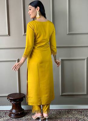 Yellow rayon slub cotton kurta pant dupatta set 2