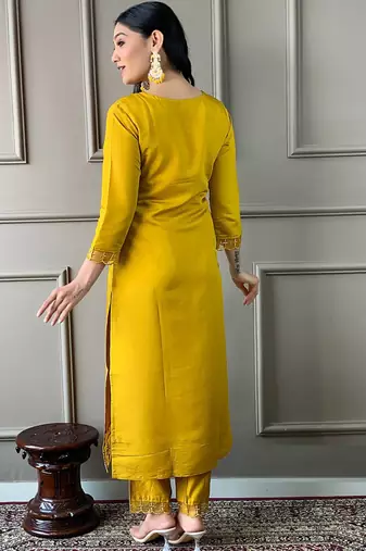 Yellow rayon slub cotton kurta pant dupatta set