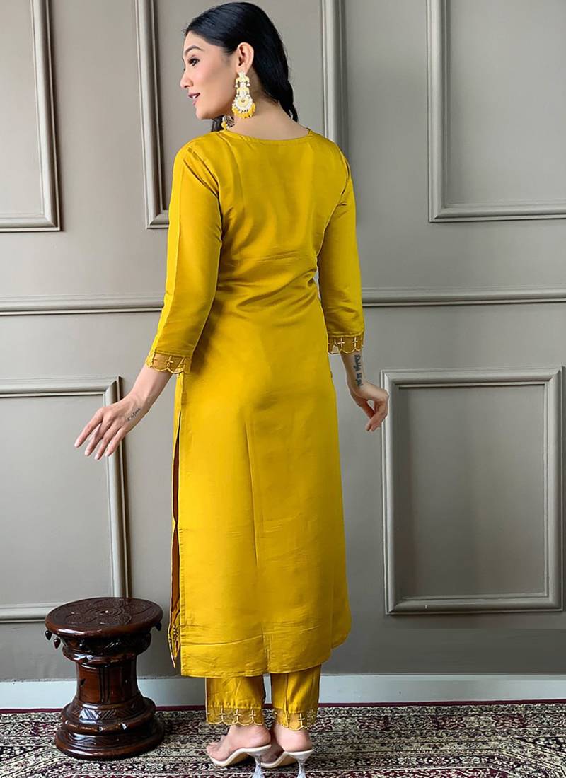 Yellow rayon slub cotton kurta pant dupatta set
