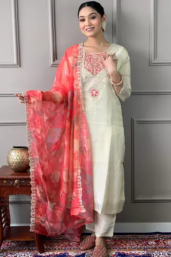 Off white viscose chanderi kurta pant dupatta set