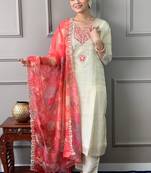 Off white viscose chanderi kurta pant dupatta set