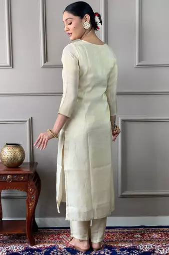 Off white viscose chanderi kurta pant dupatta set