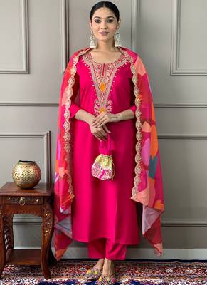 Pink viscose chanderi kurta pant dupatta set 1