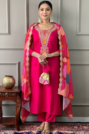 Pink viscose chanderi kurta pant dupatta set