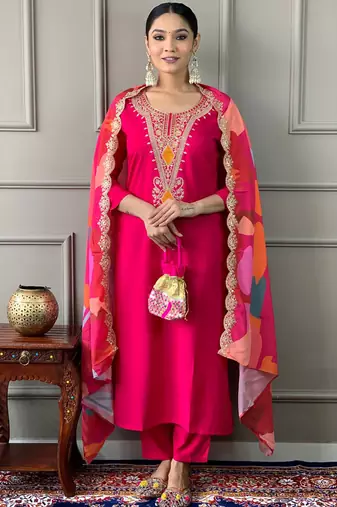 Pink viscose chanderi kurta pant dupatta set